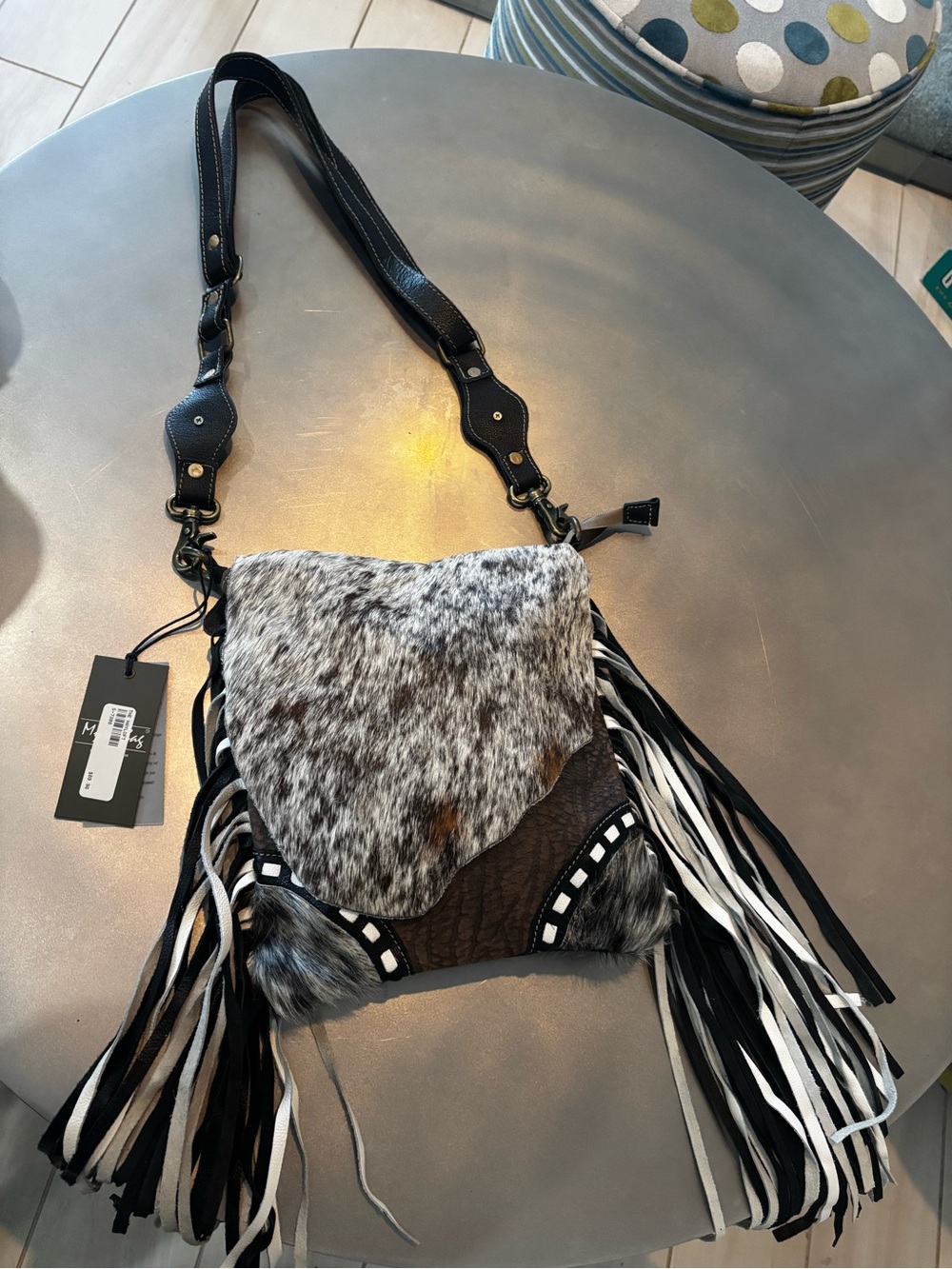 Women’s Black and Brown Fringe Crossbody Bag with Haircalf Flap